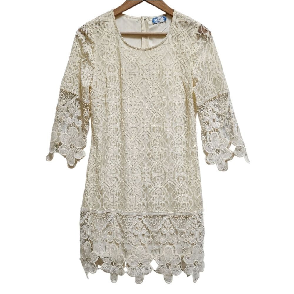 J Glee Dress Sz M Cream Floral Crochet Lace 3/4 Slv Lined Boho Fairycore Cottage